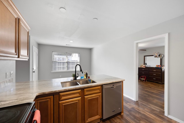 kitchen with stove, sink, stainless steel dishwasher, dark hardwood / wood-style flooring, and light stone counters