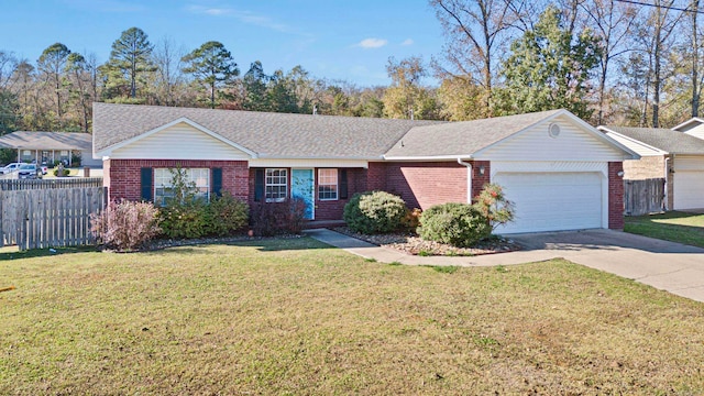 ranch-style home featuring a garage and a front lawn