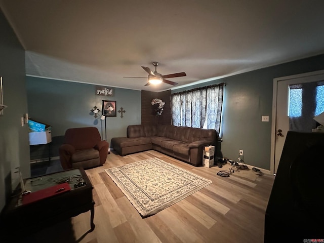 living room with ceiling fan and light wood-type flooring