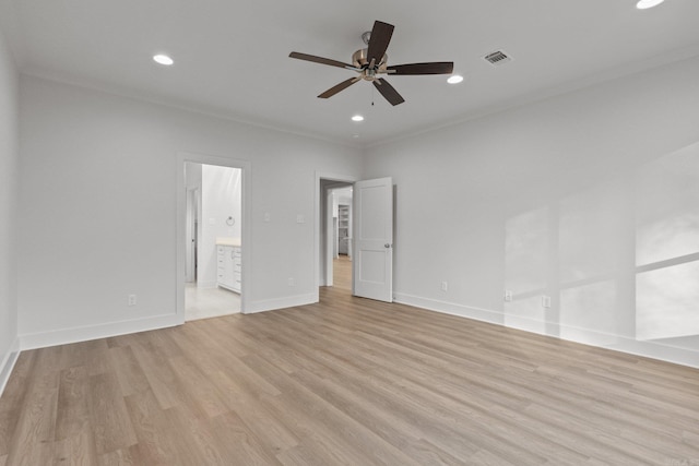 unfurnished bedroom with ensuite bath, ceiling fan, and light hardwood / wood-style floors