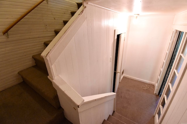 stairway featuring carpet, brick wall, and wood walls