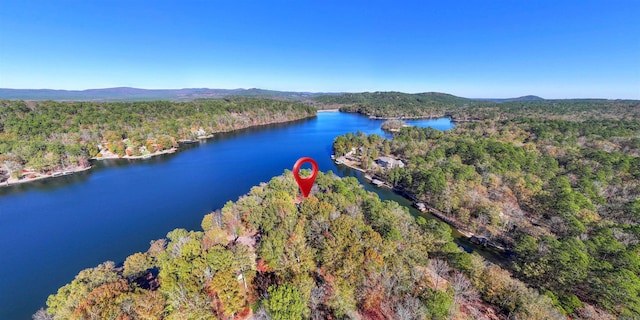 drone / aerial view with a water and mountain view