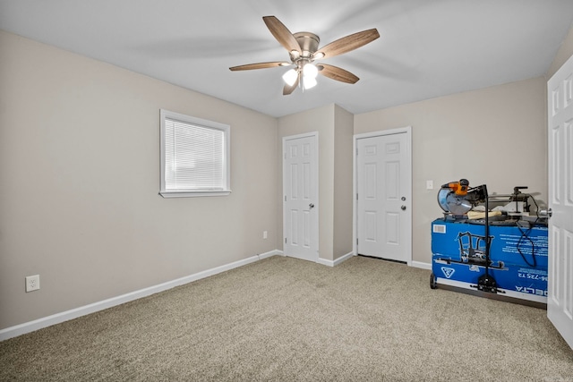 unfurnished bedroom with carpet and ceiling fan