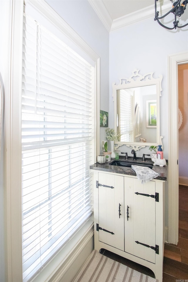 bathroom featuring crown molding, plenty of natural light, vanity, and wood-type flooring