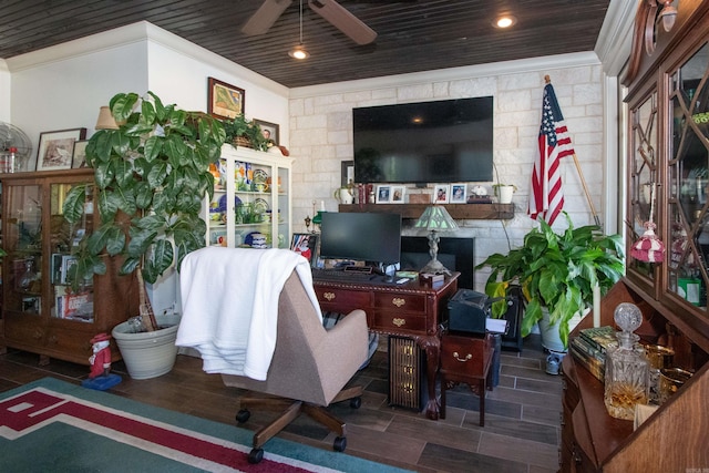 office space with ceiling fan, dark hardwood / wood-style floors, and wood ceiling