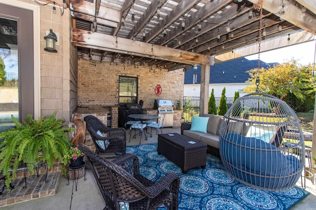 view of patio / terrace featuring outdoor lounge area, a pergola, and grilling area