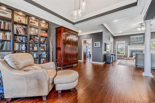 living area featuring crown molding, ceiling fan, and dark wood-type flooring