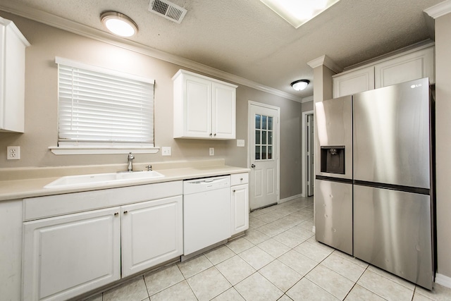 kitchen featuring ornamental molding, sink, dishwasher, stainless steel fridge with ice dispenser, and white cabinetry