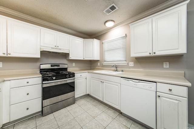 kitchen featuring white cabinetry, dishwasher, sink, stainless steel gas range oven, and ornamental molding