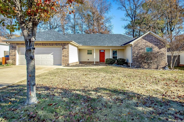 ranch-style house featuring a garage and a front lawn