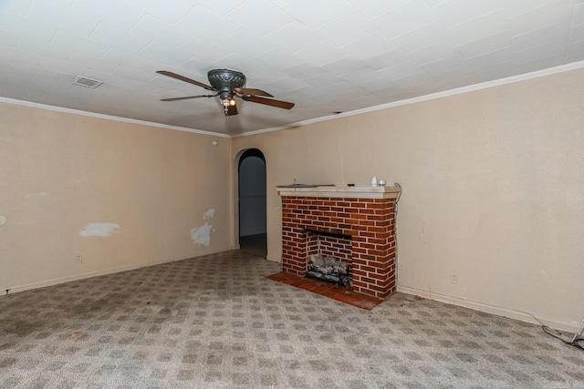 unfurnished living room featuring light colored carpet, ornamental molding, and a fireplace