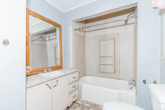 full bathroom featuring crown molding, vanity, tub / shower combination, and toilet