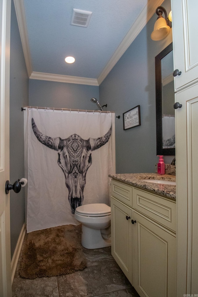 bathroom featuring curtained shower, toilet, vanity, visible vents, and crown molding