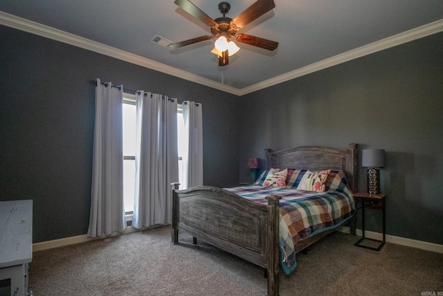 bedroom featuring ceiling fan, carpet floors, ornamental molding, and baseboards