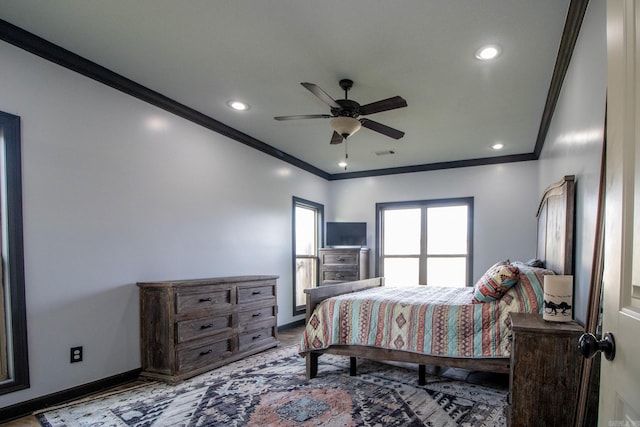 bedroom featuring visible vents, ornamental molding, baseboards, and recessed lighting