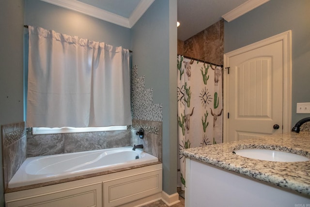 full bath featuring ornamental molding, a shower with shower curtain, a garden tub, and vanity