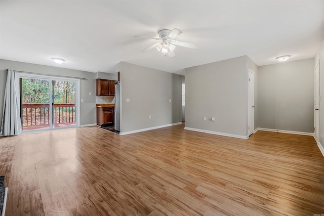 unfurnished living room with ceiling fan and light hardwood / wood-style floors