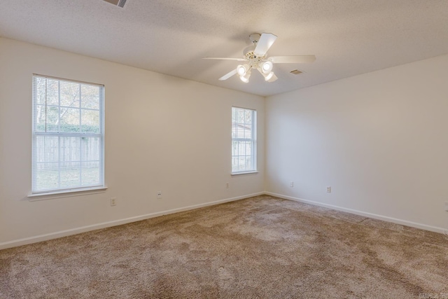 carpeted spare room featuring ceiling fan, a textured ceiling, and a wealth of natural light