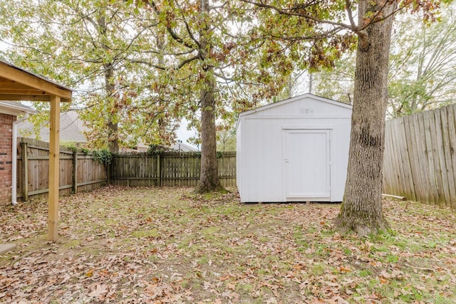 exterior space with a shed