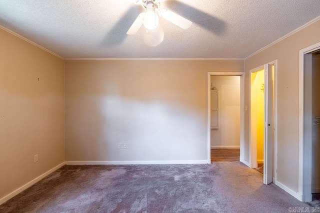 713 N Spring St, Searcy, AR 72143 - carpeted spare room featuring a ceiling fan, a textured ceiling, ornamental molding, and baseboards