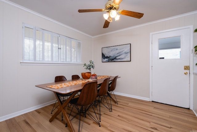 dining space with light hardwood / wood-style floors, ceiling fan, and ornamental molding