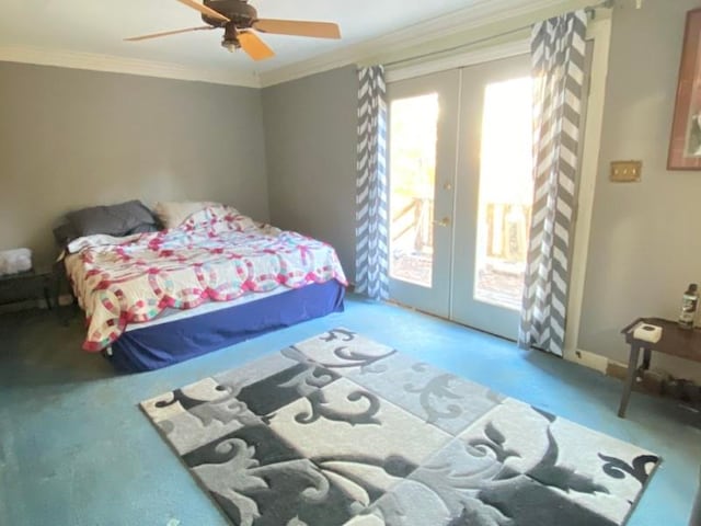 bedroom featuring french doors, access to outside, ceiling fan, and ornamental molding