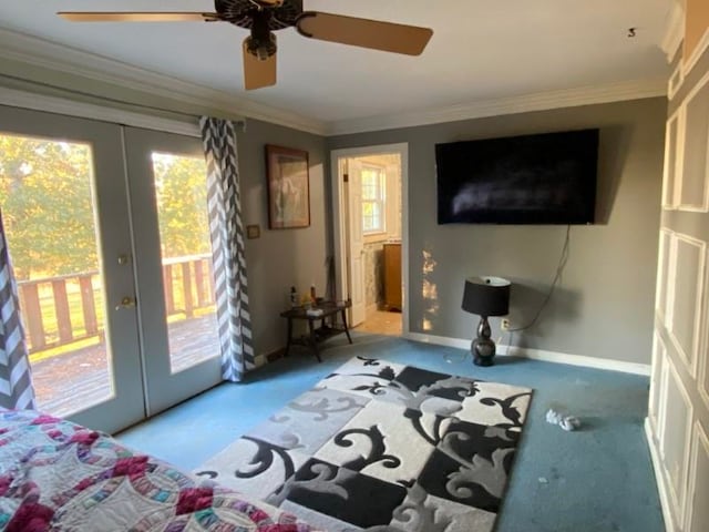 bedroom featuring access to exterior, ceiling fan, french doors, light colored carpet, and ornamental molding