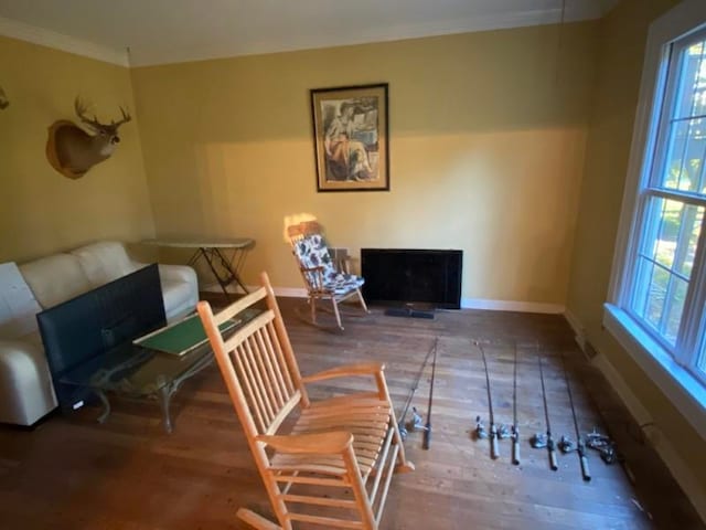 sitting room featuring wood-type flooring and ornamental molding