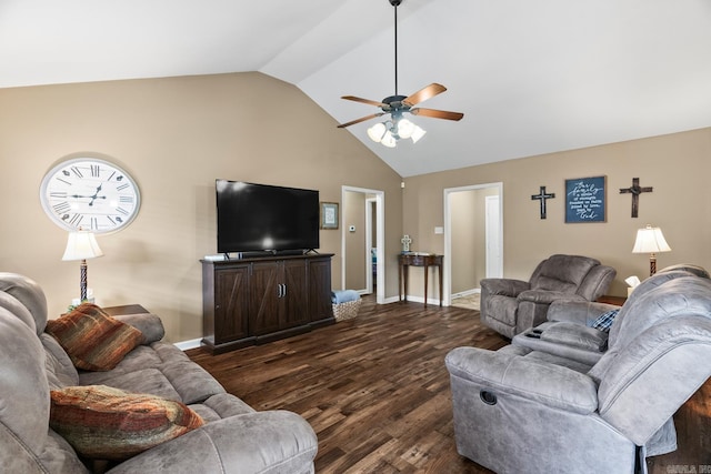 living room featuring dark hardwood / wood-style flooring, high vaulted ceiling, and ceiling fan