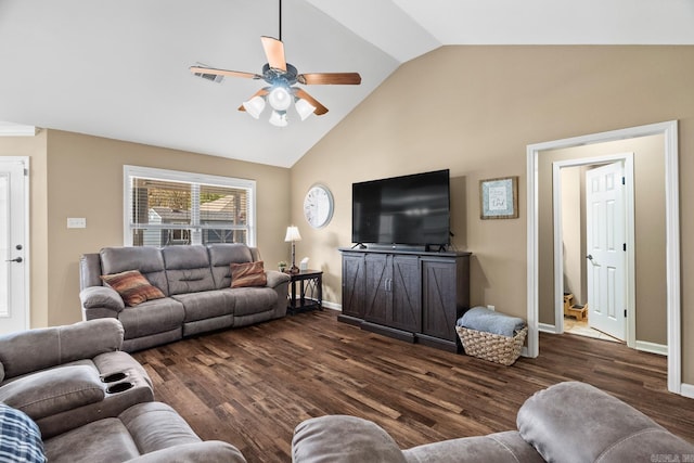 living room with ceiling fan, dark wood-type flooring, and high vaulted ceiling