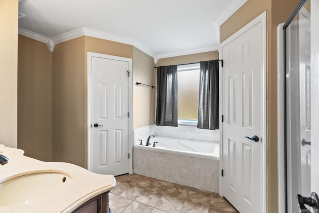 bathroom featuring tile patterned flooring, vanity, crown molding, and independent shower and bath