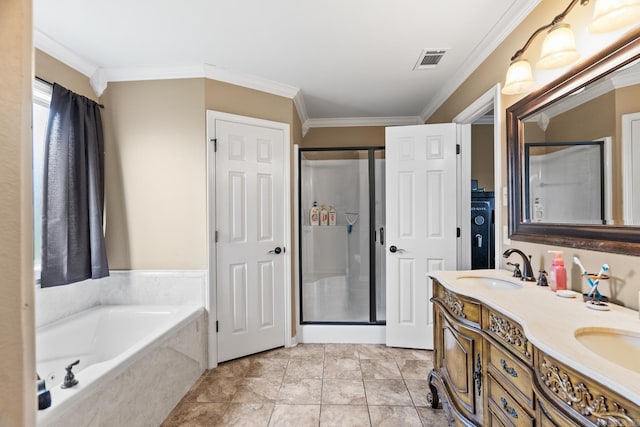 bathroom featuring plus walk in shower, vanity, and crown molding