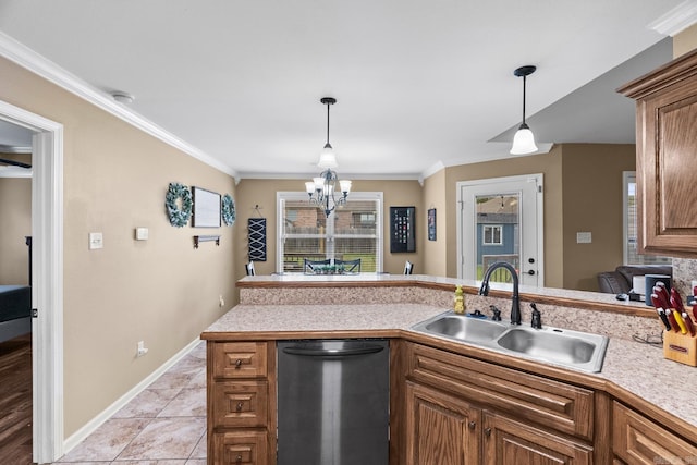 kitchen featuring sink, stainless steel dishwasher, a notable chandelier, decorative light fixtures, and ornamental molding