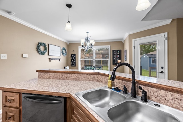 kitchen with crown molding, sink, pendant lighting, an inviting chandelier, and dishwasher