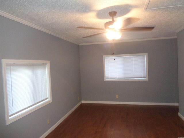 unfurnished room featuring ornamental molding, a textured ceiling, ceiling fan, and dark wood-type flooring