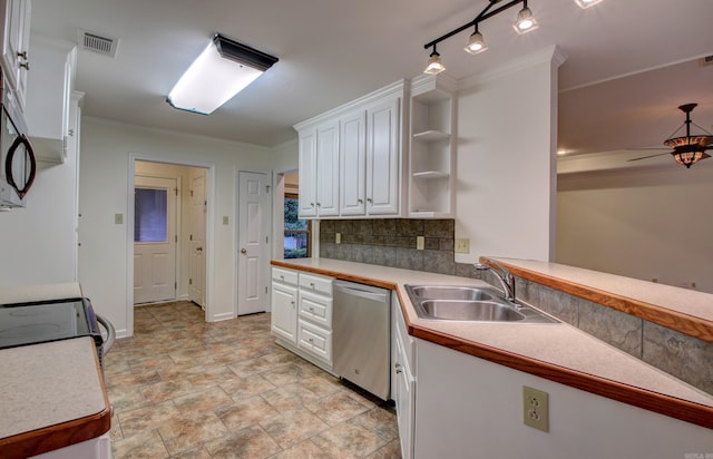 kitchen with white cabinetry, dishwasher, ceiling fan, sink, and tasteful backsplash