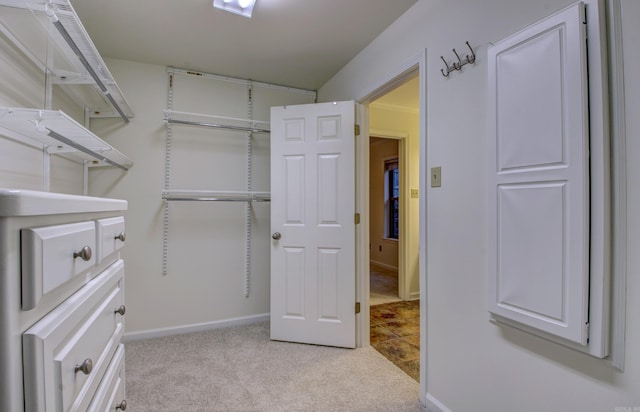 spacious closet featuring light carpet