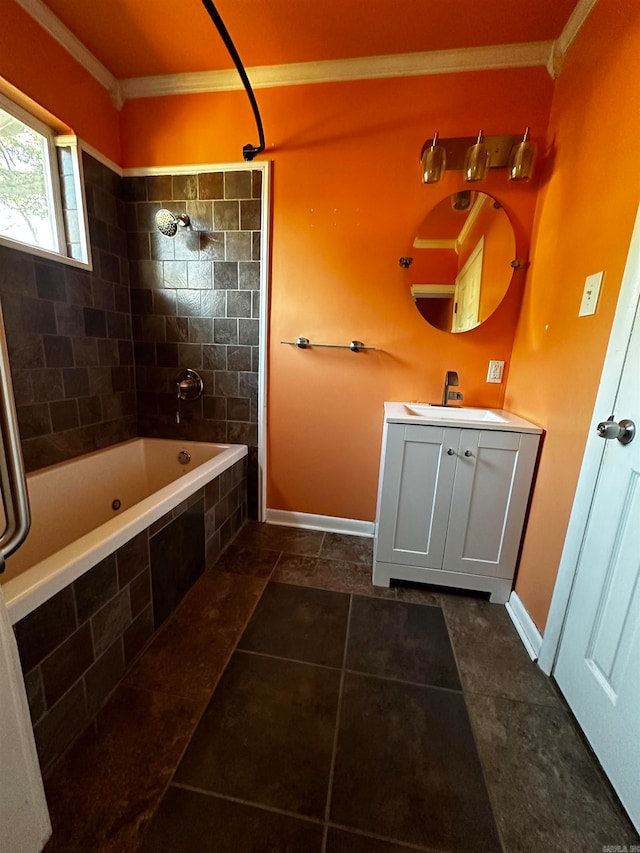 bathroom with tile patterned floors, vanity, ornamental molding, and tiled shower / bath