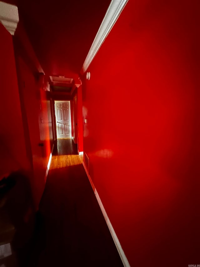 hallway with wood-type flooring and ornamental molding