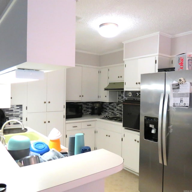 kitchen featuring decorative backsplash, crown molding, white cabinets, and black appliances