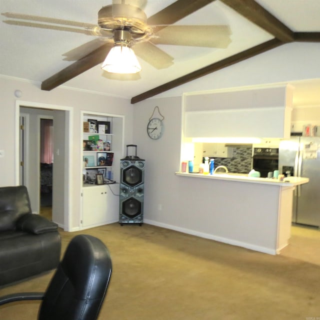 living room with lofted ceiling with beams, ceiling fan, crown molding, and light carpet