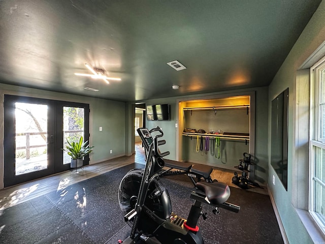 exercise room with french doors and hardwood / wood-style flooring