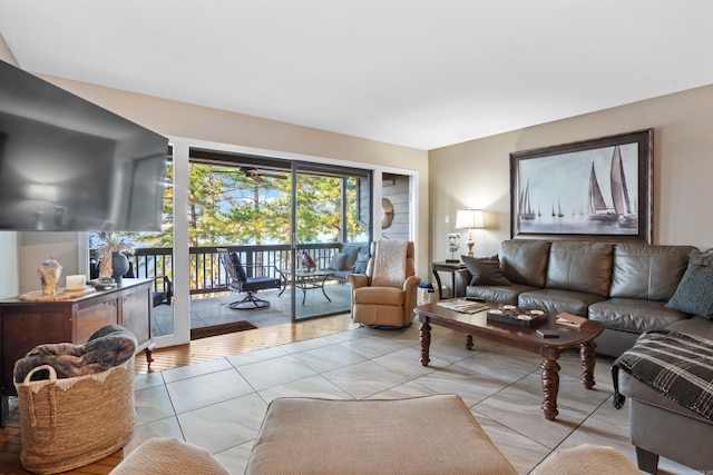 living room with light tile patterned floors