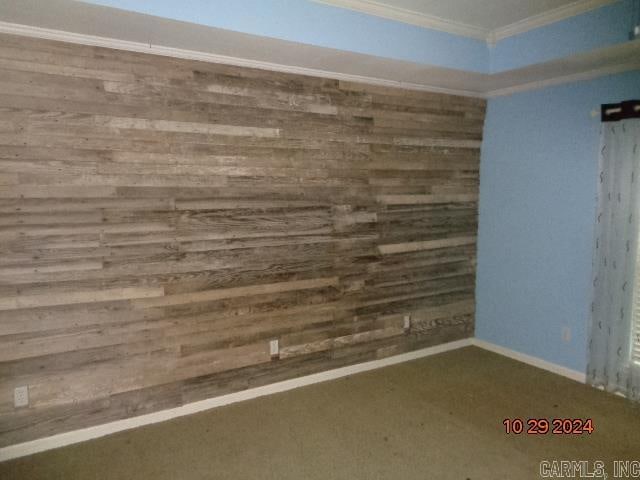 carpeted spare room with wooden walls and ornamental molding