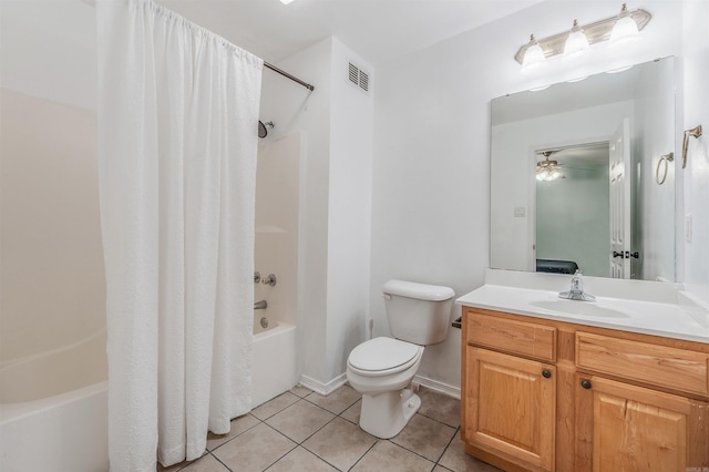 full bathroom with shower / bath combination with curtain, tile patterned floors, vanity, ceiling fan, and toilet