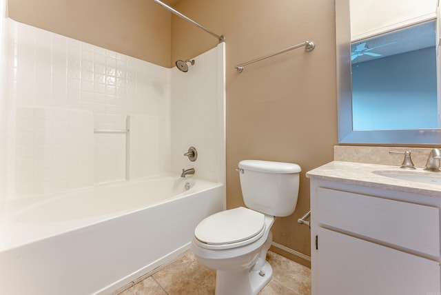 full bathroom featuring ceiling fan, tile patterned floors, toilet, shower / tub combination, and vanity