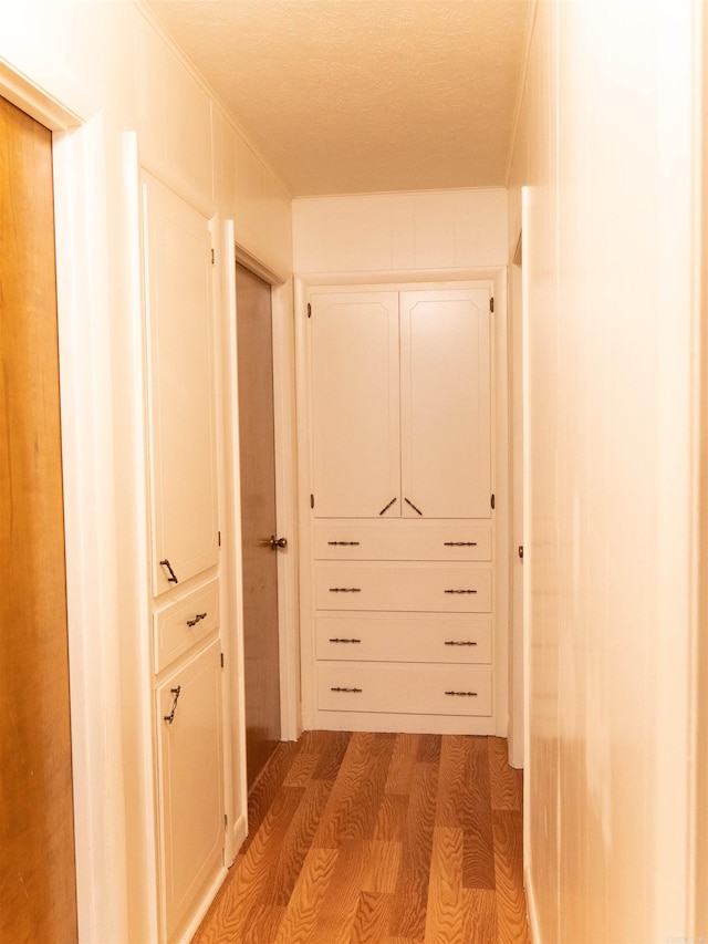 hallway with light hardwood / wood-style floors and a textured ceiling