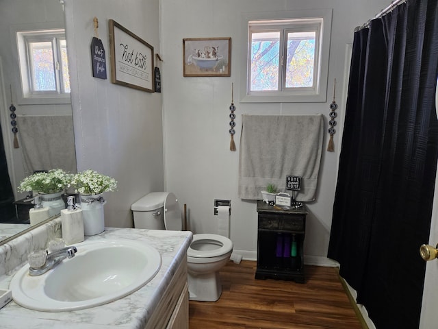 bathroom with toilet, vanity, and hardwood / wood-style flooring