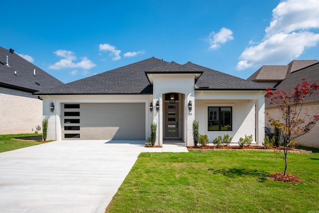 view of front of home featuring a garage and a front lawn