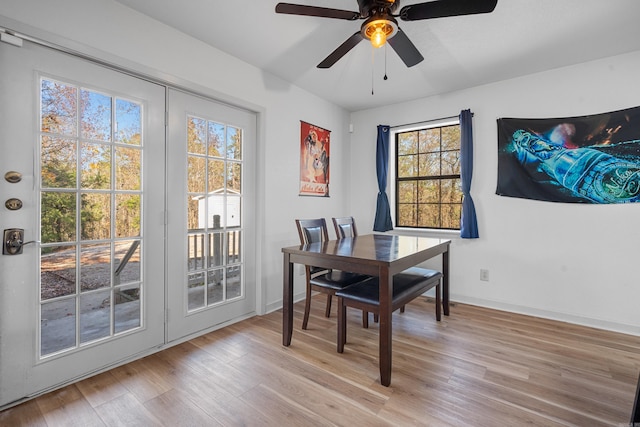 dining room featuring ceiling fan and light wood-type flooring